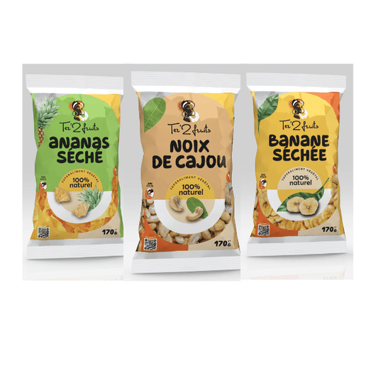 LE TRIO DES SPORTIFS - BANANE - ANANAS - NOIX DE CAJOU - FRUITS SAJE